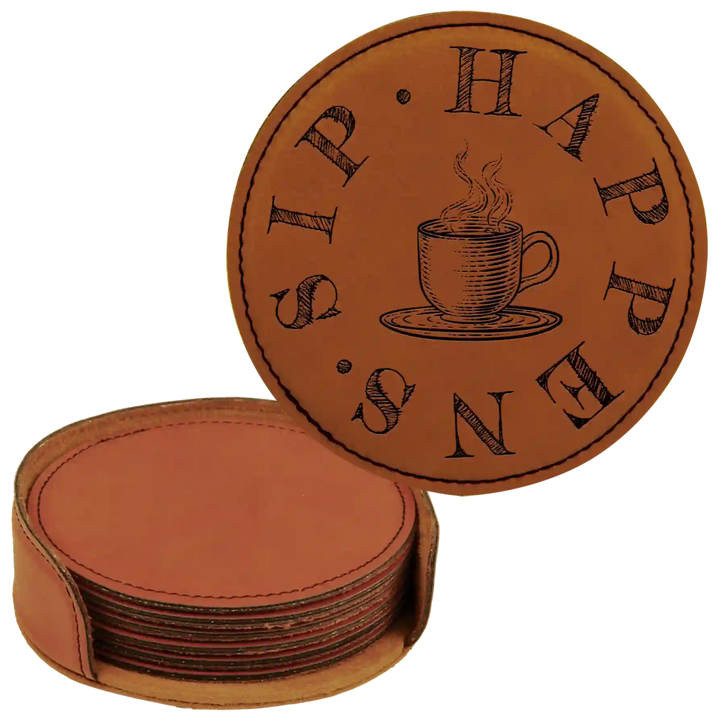 Coffee Sip Happens Round Leatherette Coasters Set of 6 | Rawhide