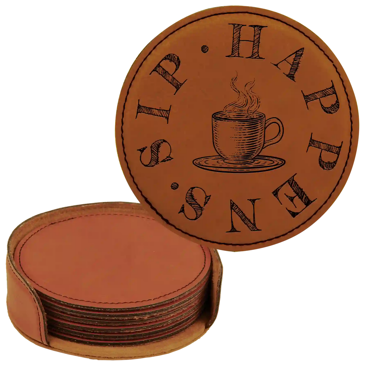Coffee Sip Happens Round Leatherette Coasters Set of 6 | Rawhide