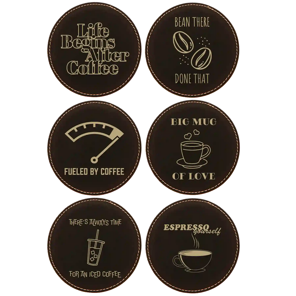Coffee Themed 6 Pack 1 Round Leatherette Coasters Set of 6 | Black/Gold