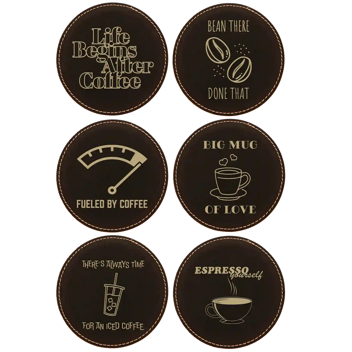 Coffee Themed 6 Pack 1 Round Leatherette Coasters Set of 6 | Black/Gold