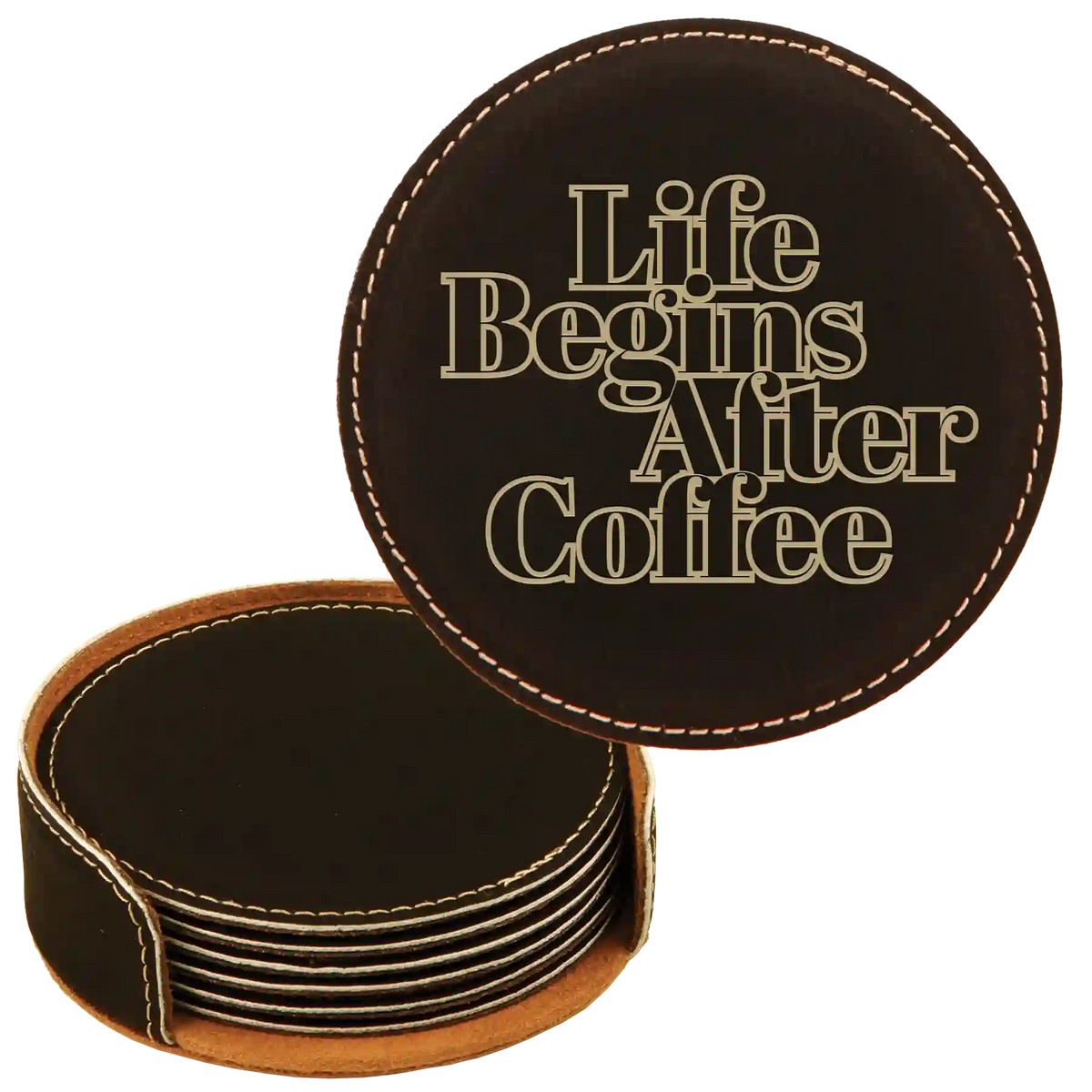 Coffee Themed 6 Pack 1 Round Leatherette Coasters Set of 6 | Black/Gold